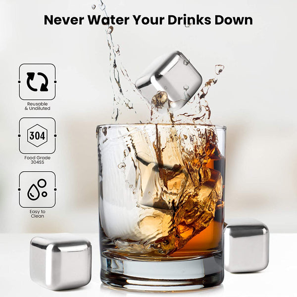 ZECENN Stainless Steel Chilling Cubes Reusable Ice Cube Stones for Drinks with Ice Tongs and Freezer Storage Tray  (8 Pack)
