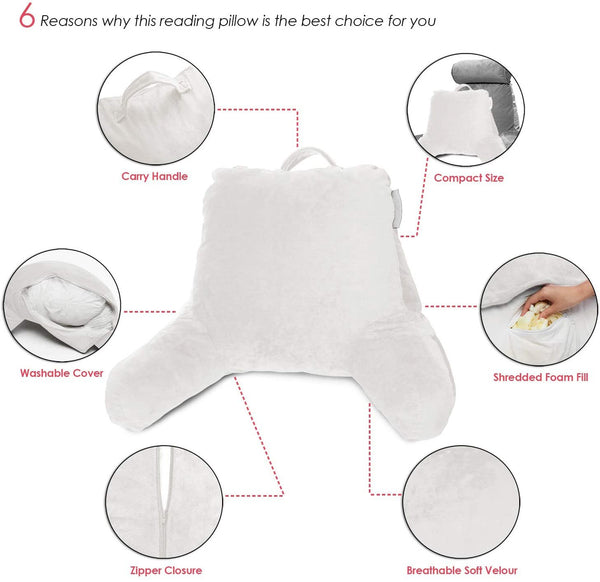 FREECROXX Bed Rest Reading Pillow, Petite Back Pillow, Backrest Pillows for Bed with Arms, Shredded Memory Foam Back Pillows for Sitting in Bed, Small Back Support Pillow for Kids & Teens, White (Solid White)