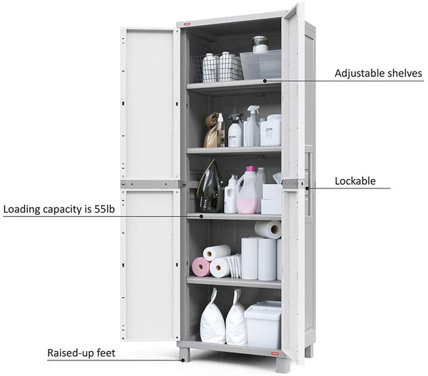 Keter Storage Cabinet with Doors and Shelves for Tool and Home Organization, White & Grey
