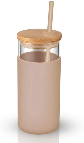 Tronco 20oz Glass Tumbler Glass Water Bottle Straw Silicone Protective Sleeve Bamboo Lid - BPA Free (Amber)