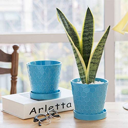 Flower Planter –5”inch Ceramic Plant Pots with Drainage Holes and Ceramic Tray - Gardening Home Desktop Office Windowsill Decoration (Blue)