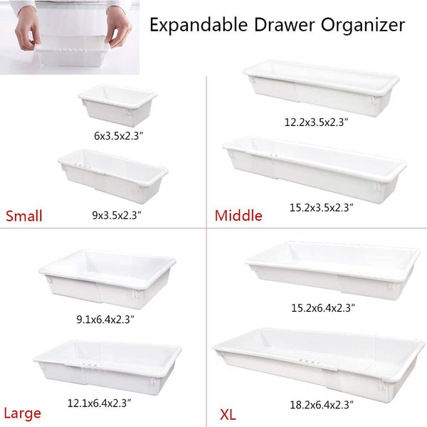 Mebbay 6 Pack Expandable Drawer Organizer Makeup Drawer Organizer Storage Bins Tray for Bathroom Vanity Table Office Kitchen with 25 pcs Non-Slip Pads White