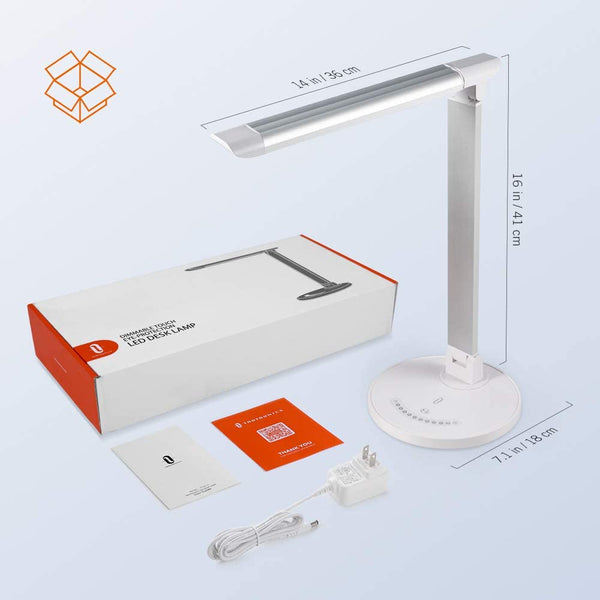 LED Desk Lamp, Eye-caring Table Lamps, Dimmable Office Lamp with USB Charging Port, 5 Lighting Modes with 7 Brightness Levels, Touch Control, White, 12W