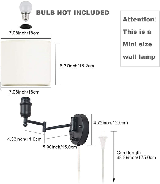 XLHYTF Swing Arm Wall Sconce 7" Shade Width Plug in Wall Mount Opaque Ivory Linen Shade 40W 2-Way Installation(1 Light)