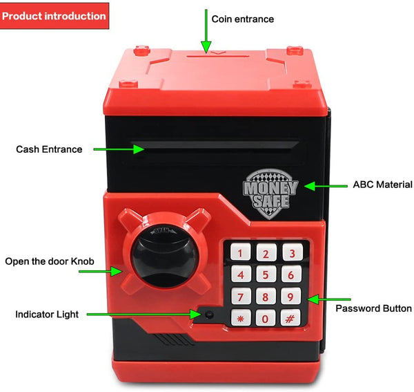 Great Gift Toy for Kids Code Electronic Piggy Banks Mini ATM Electronic Coin Bank Box for Children Password Lock Case (Black/Red)
