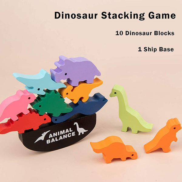 Wooden Blocks Stacking Toy for Boys and Girls, Dinosaur Balance Toys , Best Christmas and Birthday Gifts for Children (Storage Bag Included)