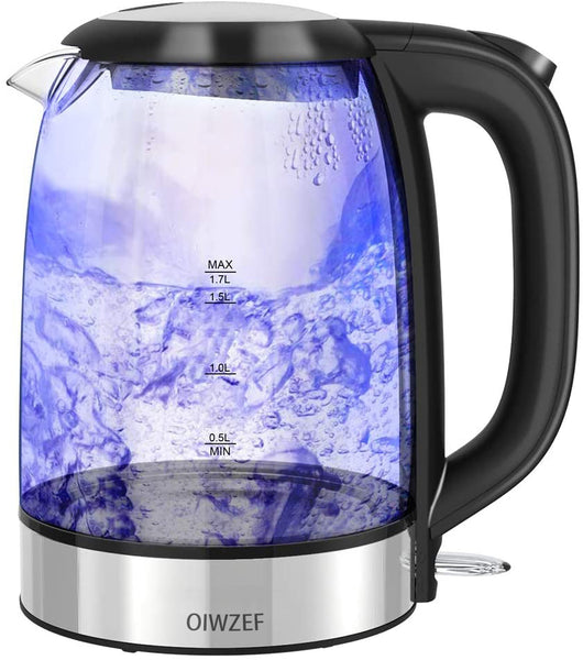 OIWZEF Electric Tea Kettle, 1.7L Glass Water Kettle with Blue LED Indicator Light, BPA-Free Tea Kettle with Auto Shut-Off and Boil-Dry Protection, Fast Boiling