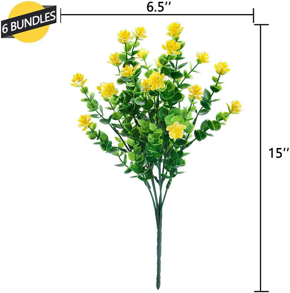 6 Bundles Artificial Flowers Outdoor Fake Flowers for Decoration UV Resistant No Fade Faux Plastic Plants Garden Porch Window Box Décor (Yellow)