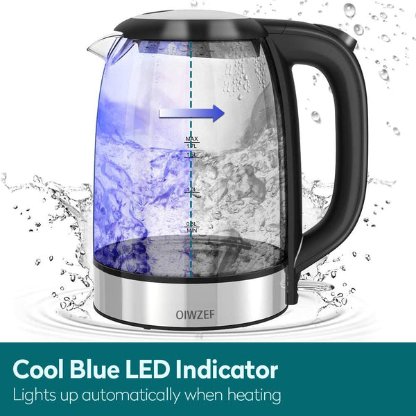 OIWZEF Electric Tea Kettle, 1.7L Glass Water Kettle with Blue LED Indicator Light, BPA-Free Tea Kettle with Auto Shut-Off and Boil-Dry Protection, Fast Boiling