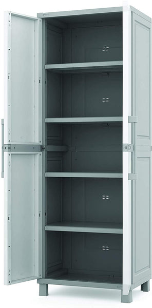 Keter Storage Cabinet with Doors and Shelves for Tool and Home Organization, White & Grey