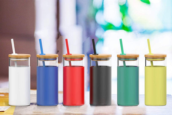 Tronco 20oz Glass Tumbler Glass Water Bottle Straw Silicone Protective Sleeve Bamboo Lid - BPA Free (Amber)