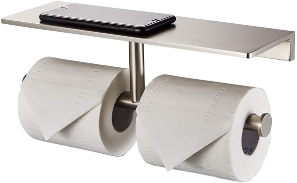 Double Roll Toilet Paper Holder with Shelf Solid Brass and Superior Hotel Style Tissue Dispenser Spared Storage Nickel Finish