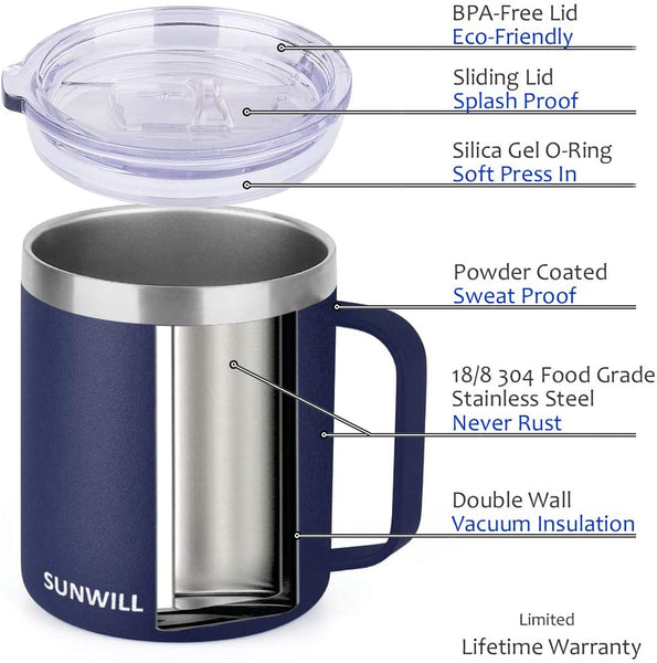 SUNWILL 14 oz Coffee Mug, Vacuum Insulated Camping Mug with Lid, Double Wall Stainless Steel Travel Tumbler Cup, Coffee Thermos Outdoor, Powder Coated Navy Blue