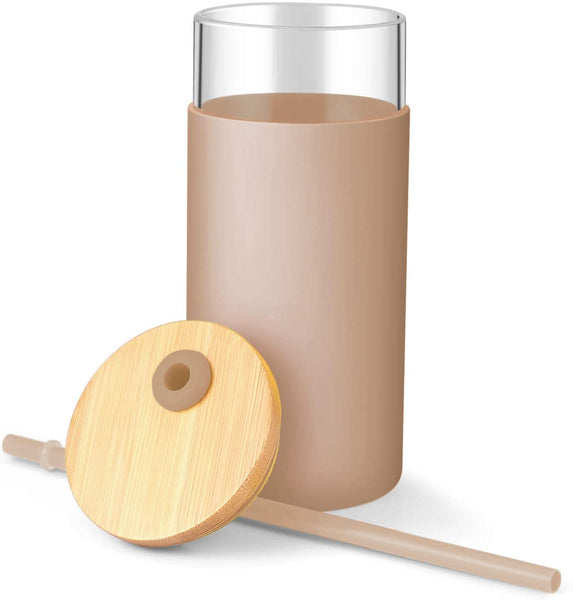 Tronco 20oz Glass Tumbler Glass Water Bottle Straw Silicone Protective Sleeve Bamboo Lid - BPA Free (Amber)