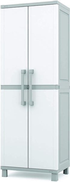 Keter Storage Cabinet with Doors and Shelves for Tool and Home Organization, White & Grey