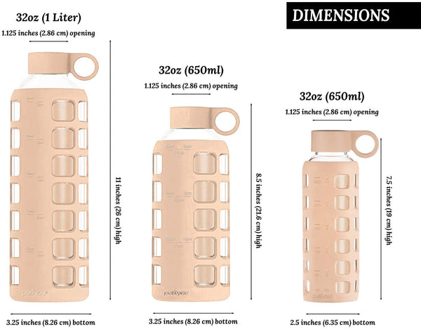 purifyou Premium 32 / 22 / 12 oz Glass Water Bottle with Non-Slip Silicone Sleeve & Stainless Steel Lid Insert, (Hazel Nut, 32 oz)