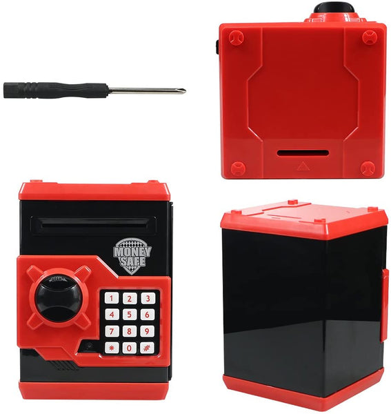 Great Gift Toy for Kids Code Electronic Piggy Banks Mini ATM Electronic Coin Bank Box for Children Password Lock Case (Black/Red)