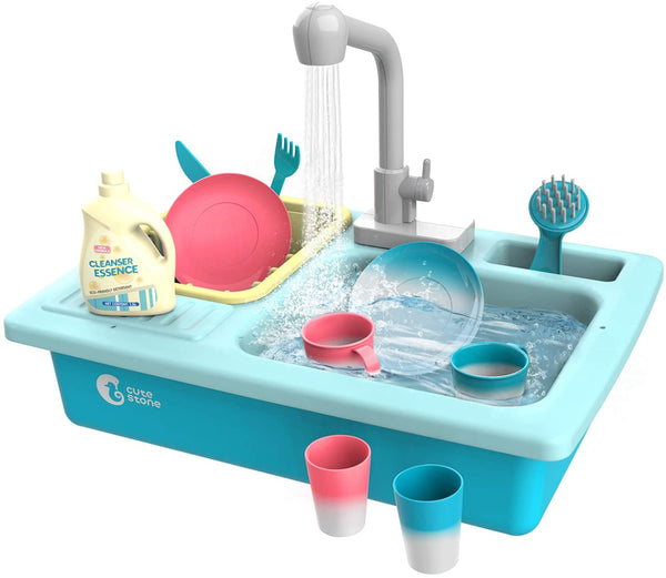 Color Changing Kitchen Sink Toys, Children Heat Sensitive Electric Dishwasher Playing Toy with Running Water, Automatic Water Cycle System