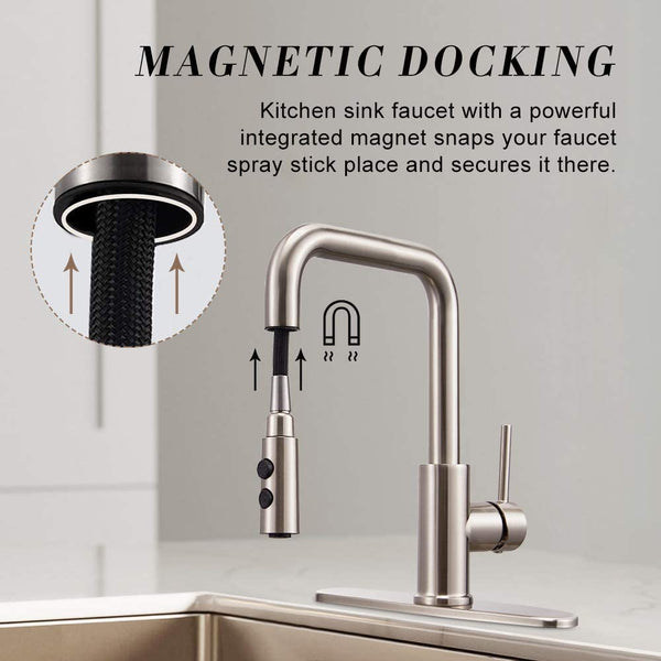 Kitchen Faucet with Pull Down Magnetic Docking Sprayer Brushed Nickel,Stainless Steel Kitchen Sink Faucet with Pull Out Sprayer Single Handle with Deck Plate