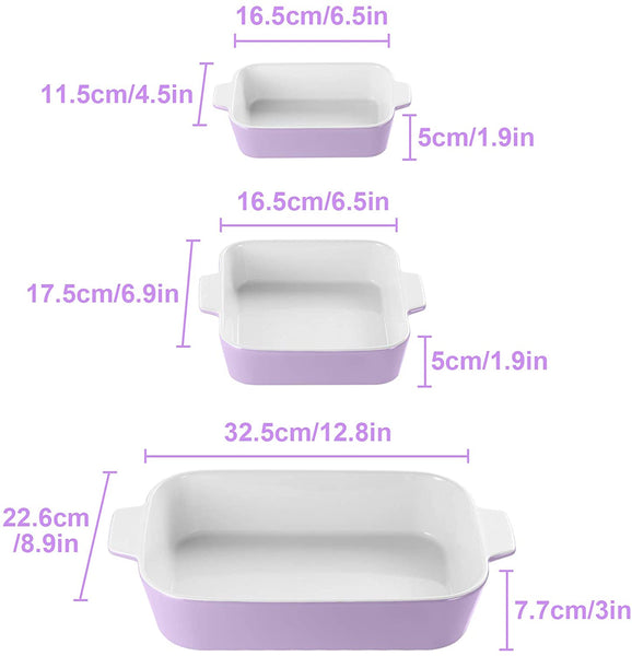 3-Piece Ceramic Baking Dish, Premium Grade and Eco-Friendly Porcelain,  Rectangular Baking Dish for Cake Dinner, Banquet and Daily Use，12.8 x 8.9 Inches,Easy to Clean (Blueviolet)