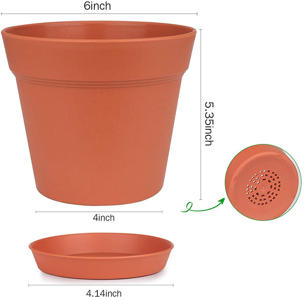 Plant Pots, 15 Pack Terra Plastic Flower Pots Outdoor Garden Planters with Multiple Drain Holes and Saucer - 6 inch Indoor Small Plant Pots for All Home