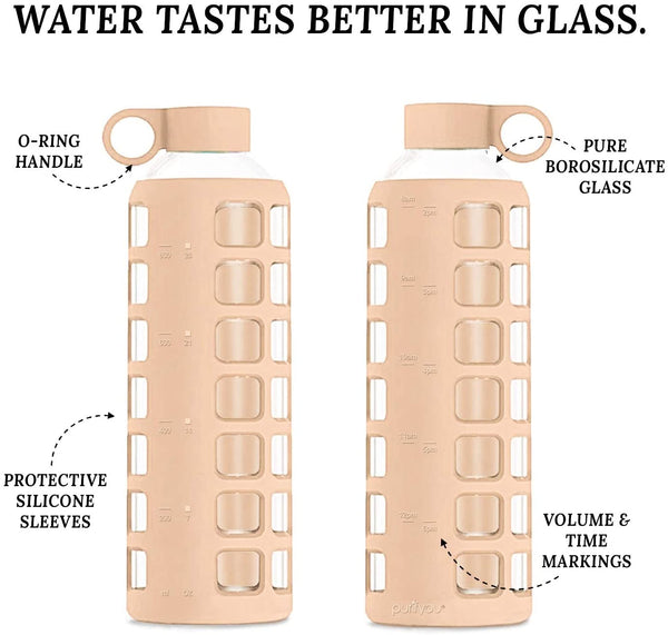 purifyou Premium 32 / 22 / 12 oz Glass Water Bottle with Non-Slip Silicone Sleeve & Stainless Steel Lid Insert, (Hazel Nut, 32 oz)