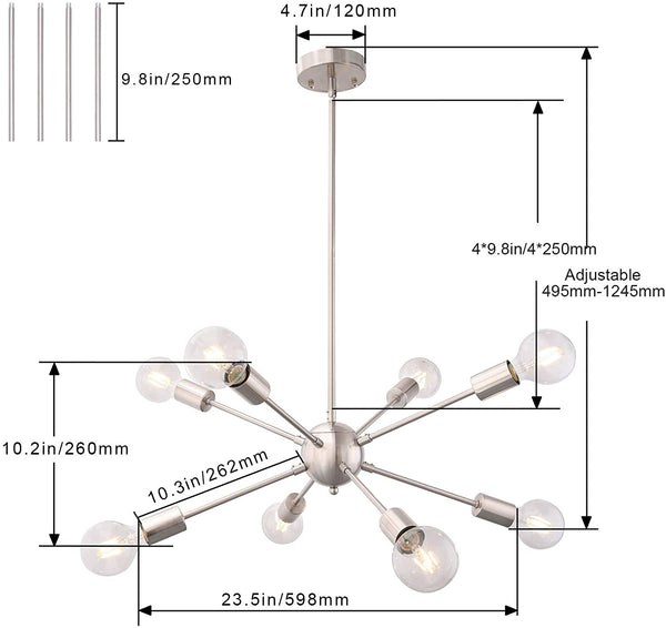 Sputnik Chandelier 8 Lights Ceiling Lamp Nickel Modern Ceiling Light Fixture Industrial Vintage Pendant Lighting for Dining Room Kitchen Living Room Bedroom Foyer