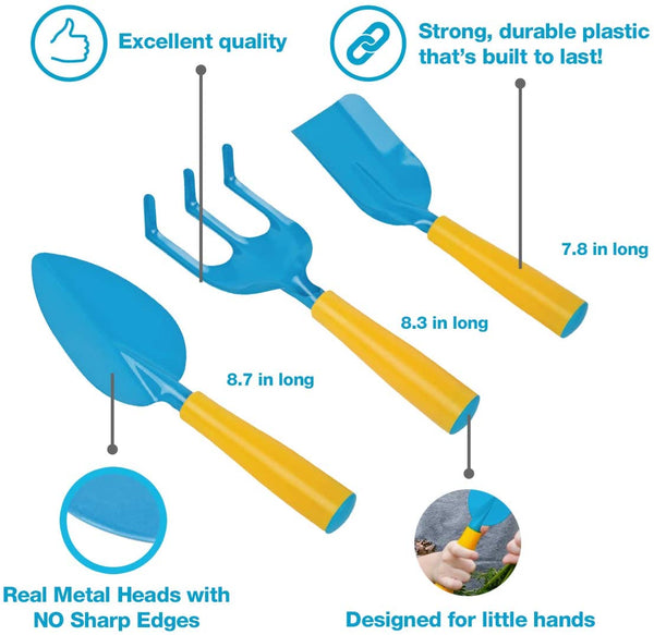 Kids Gardening Tools - Includes Sturdy Tote Bag, Watering Can, Gloves, Shovels, Rake, Stakes - Kids Garden Tool Set for Toddler Age on up.