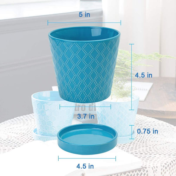 Flower Planter –5”inch Ceramic Plant Pots with Drainage Holes and Ceramic Tray - Gardening Home Desktop Office Windowsill Decoration (Blue)