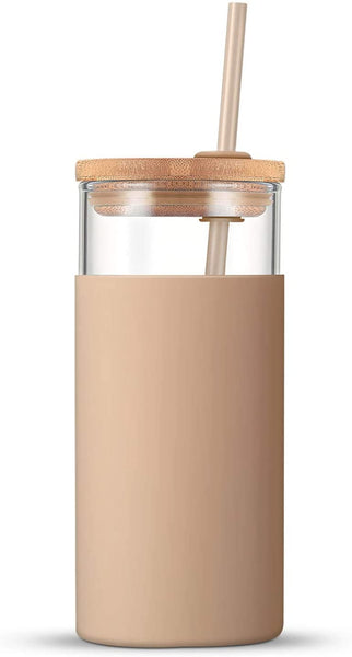 Tronco 20oz Glass Tumbler Glass Water Bottle Straw Silicone Protective Sleeve Bamboo Lid - BPA Free (Amber)
