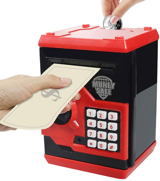Great Gift Toy for Kids Code Electronic Piggy Banks Mini ATM Electronic Coin Bank Box for Children Password Lock Case (Black/Red)