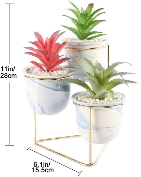 3 Tier Medium Artificial Succulent Plants Fake Decorations in Modern Ceramic Pots, Inside with Lifelike Stone Pebbles, with Gold Metal Stand