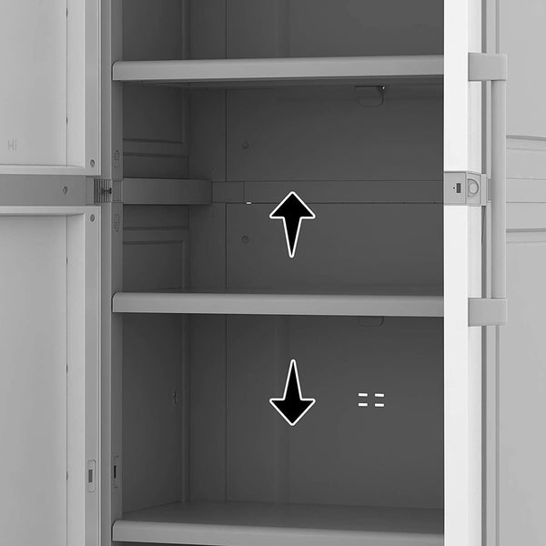 Keter Storage Cabinet with Doors and Shelves for Tool and Home Organization, White & Grey