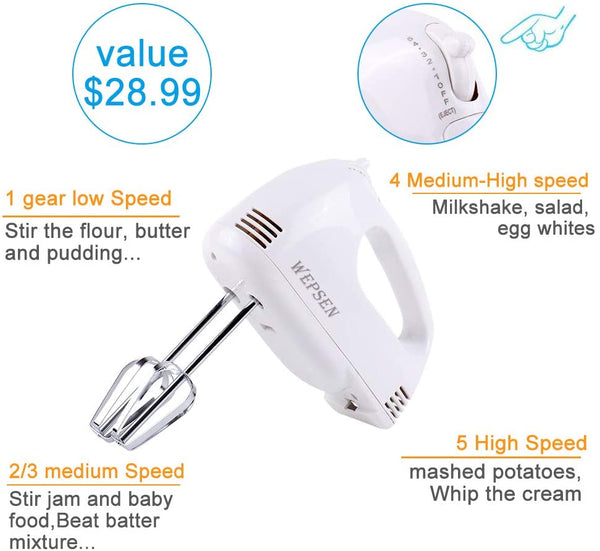 Electric Hand Mixer Mixing Bowls Set, Upgrade 5-Speeds Mixers with 6 Nesting Stainless Steel Mixing Bowl, Measuring Cups and Spoons Whisk Blender