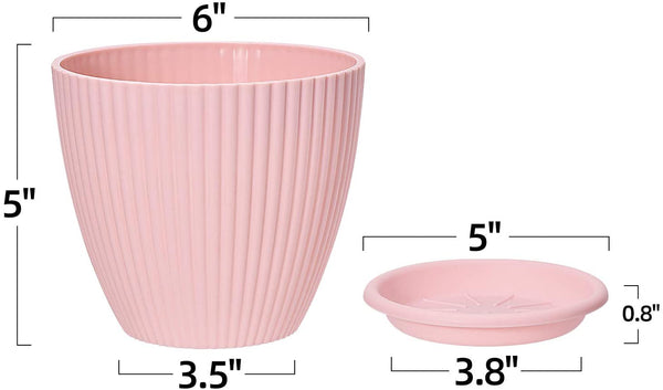 6 inch Plastic Planters with Saucers, Set of 5 Indoor Flower Plant Pots Modern Decorative Gardening Pot with Drainage Hole for All House Plants