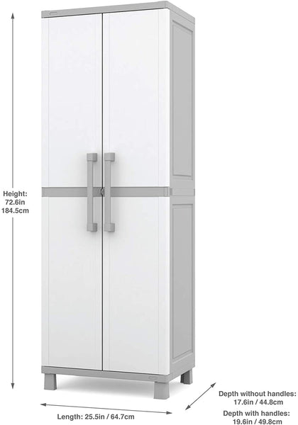 Keter Storage Cabinet with Doors and Shelves for Tool and Home Organization, White & Grey