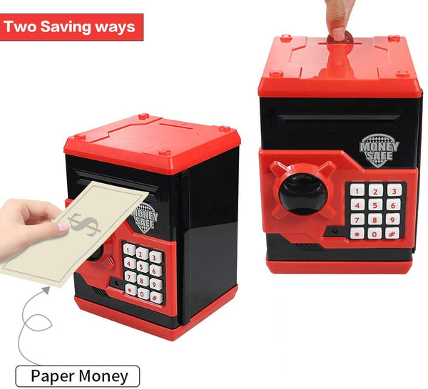 Great Gift Toy for Kids Code Electronic Piggy Banks Mini ATM Electronic Coin Bank Box for Children Password Lock Case (Black/Red)