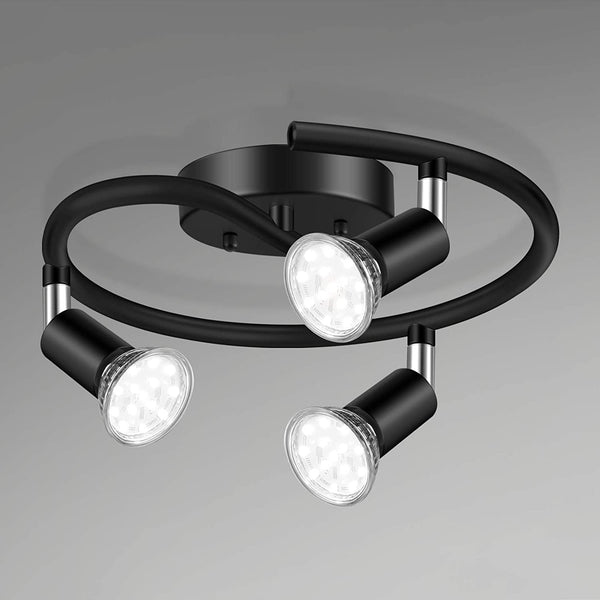 Unicozin 3-Light Spiral LED Track Lighting Kit, Black 3 Way Ceiling Spot Lighting, Included 3 x GU10 LED Bulbs (4W, Daylight White 5000K, 400LM, Non-Dimmable), Rotatable Light Head Track Light