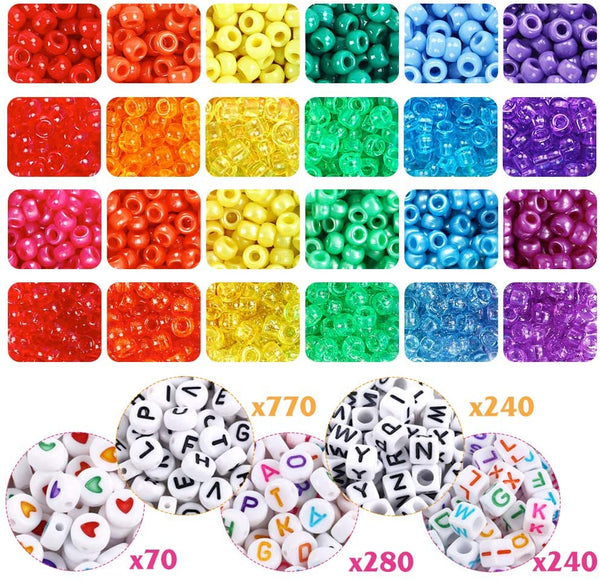 4000pcs Beads Kit, 1600pcs Letter Beads and 2400pcs Large Hole Rainbow Beads, 24 Colors 4 Styles Round Beads Set for DIY Jewelry Making