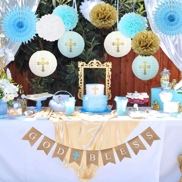 CHRORINE Baptism Decorations for Boys, First Communion Confirmation Decorations, God Bless Banner and Blue Party Decorations - Blue Set