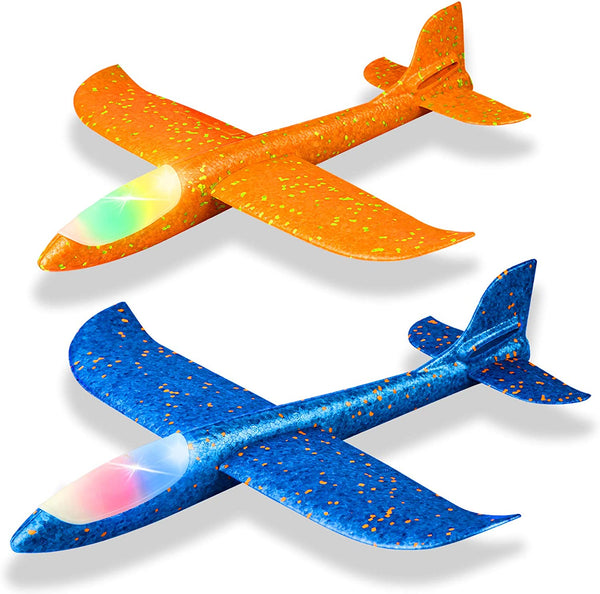 2 Pack LED Light Airplane,17.5" Large Throwing Foam Plane,2 Flight Mode Glider Plane,Flying Toy for Kids,Gifts for 3 4 5 6 7 8 9 Years Old Boy