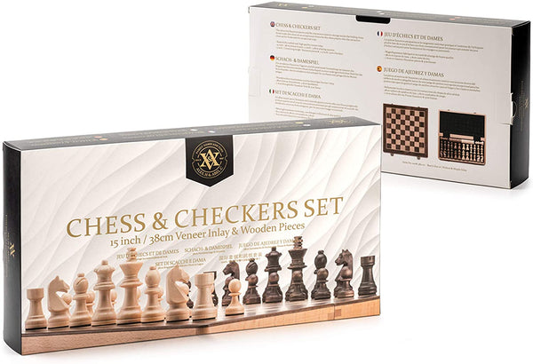 A&A 15" Folding Wooden Chess & Checkers Set w/ 3" King Height Chess Pieces / 2 Bonus Queen/German Knight Staunton Wooden Chessmen/Walnut Box w/Walnut & Maple Inlay / Classic Board Game