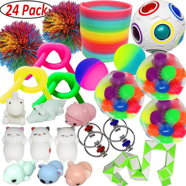 24 PCs Sensory Toy Fidget Stress Relief Toy for Adults and Kids -  Include Squeeze Balls Stretchy Strings Squishy Toy Puzzle Rubber Stringy Ball