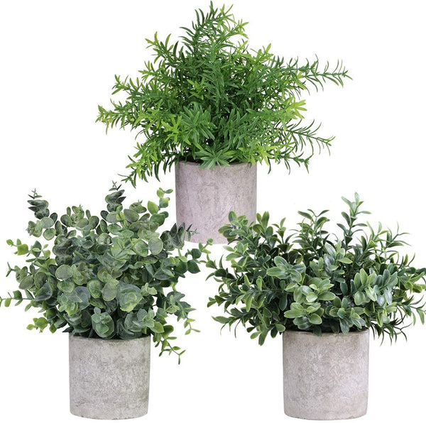 Mini Potted Plants Artificial Eucalyptus Boxwood Rosemary Greenery in Pots Faux Potted Herbs Small Houseplants 8.3"-9" Tall for Indoor Greenery Tabletop  3 Pack