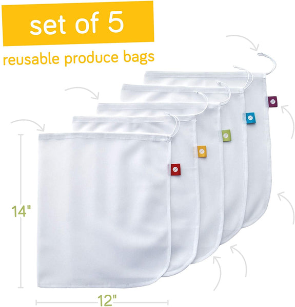 Reusable Produce Bags, Washable Mesh Bags for Fruits and Vegetables, Set of 5 - Flip and Tumble