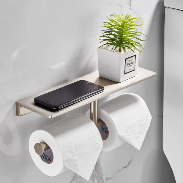 Double Roll Toilet Paper Holder with Shelf Solid Brass and Superior Hotel Style Tissue Dispenser Spared Storage Nickel Finish