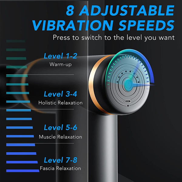 QUOPID Muscle Massage Gun, 8 Adjustable Vibrating Speed Electric Deep Tissue Massager Home Fitness Equipment for Pain Relief & Body Relaxation with 4 Massage Heads