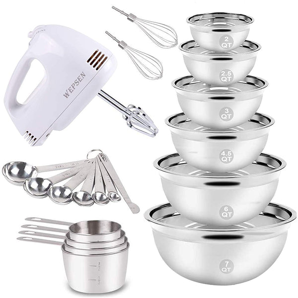 Electric Hand Mixer Mixing Bowls Set, Upgrade 5-Speeds Mixers with 6 Nesting Stainless Steel Mixing Bowl, Measuring Cups and Spoons Whisk Blender