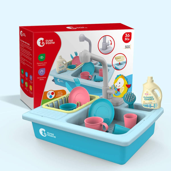Color Changing Kitchen Sink Toys, Children Heat Sensitive Electric Dishwasher Playing Toy with Running Water, Automatic Water Cycle System