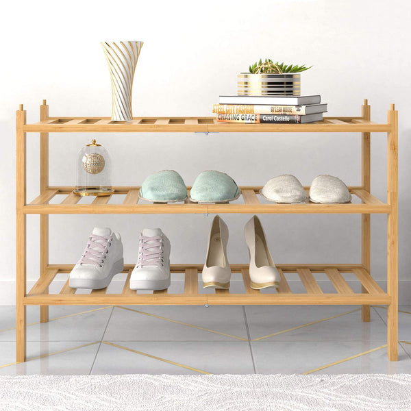 BAMFOX 3-Tier Shoe Rack,Bamboo Stackable Shoe shelf Storage Organizer For Entryway, Hallway, and Closet